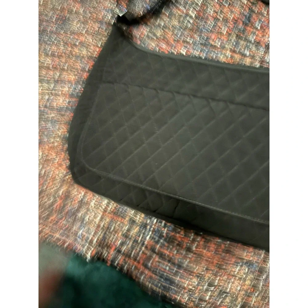 Vera Bradley Black Quilted Microfiber Crossbody Messenger Bag Floral Rose Lining
